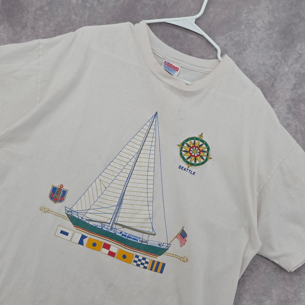 Vintage Hanes Seattle Sailboat T-Shirt XXL Cream Nautical Compass Graphic Tee